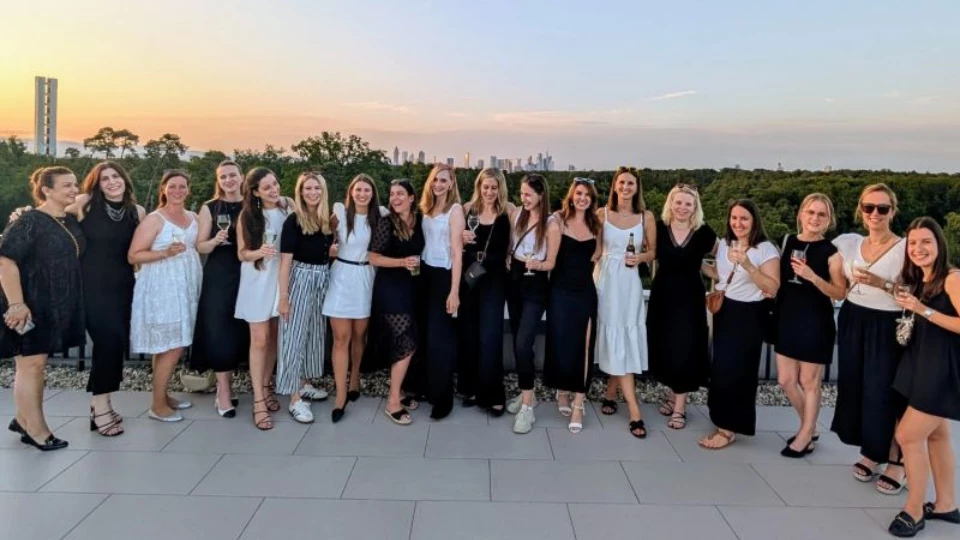 STADA CHC Deutschland Ladies in black and white at the Eintracht Frankfurt headquarters in Frankfurt.